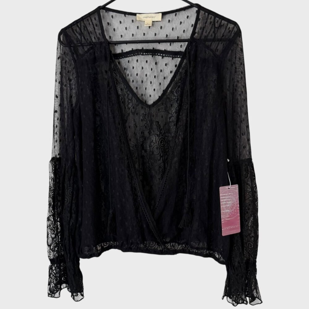 OneTheLand Gothic Sheer Lace Mesh Dot Peasant Blouse Top Black Women's Large New